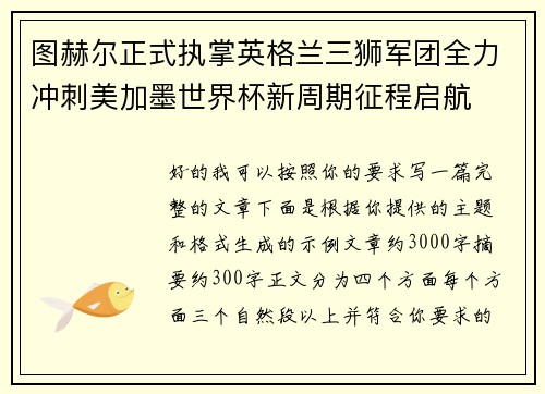 图赫尔正式执掌英格兰三狮军团全力冲刺美加墨世界杯新周期征程启航